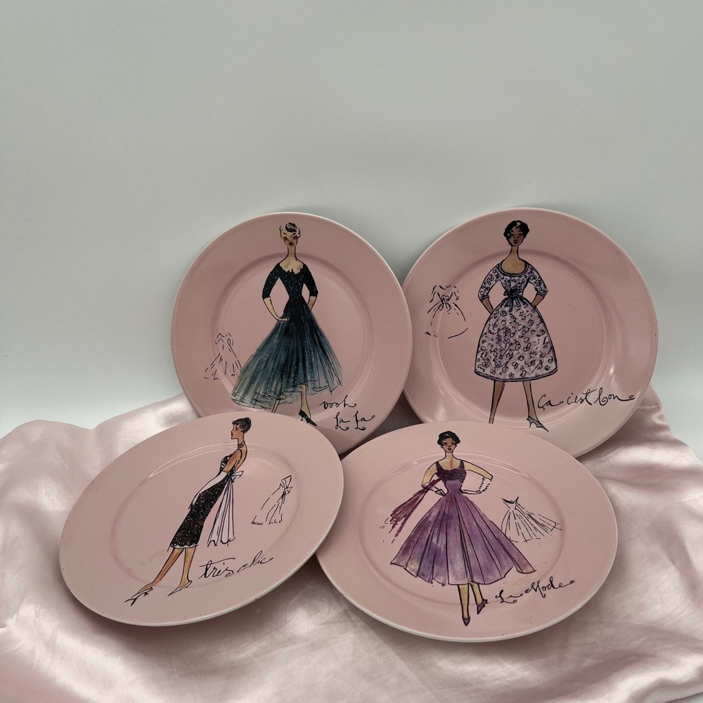 CIB Fashion Illustration Dessert Plates Set 4 Pink French Chic Good Vintage Art
